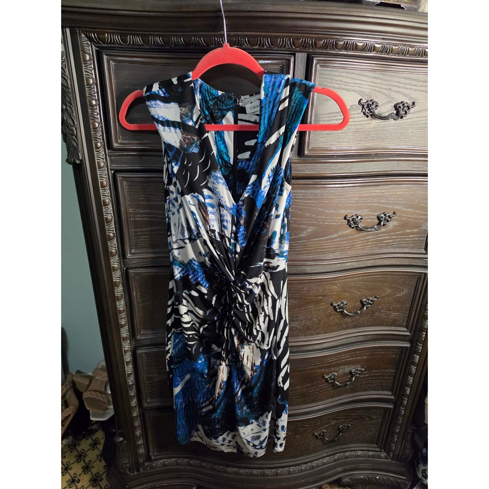Calvin Klein Blue Abstract Knot Front Sheath Dress CD2C1L3385 Sleeveless V-Neck